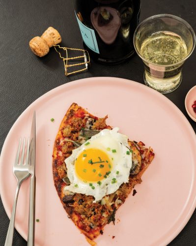 Spicy Sage Sausage Flatbread Topped with Fried Eggs Recipe